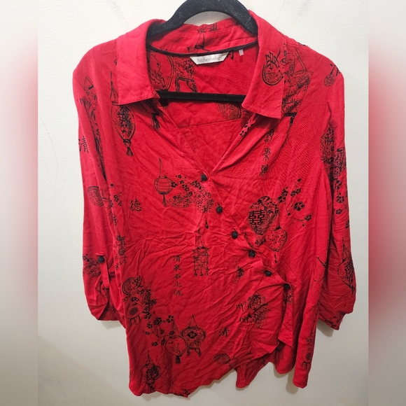 Soft Surroundings Red Pagoda Wrap Button Front Asian Artsy Tunic Blouse Plus 1X - Picture 1 of 15
